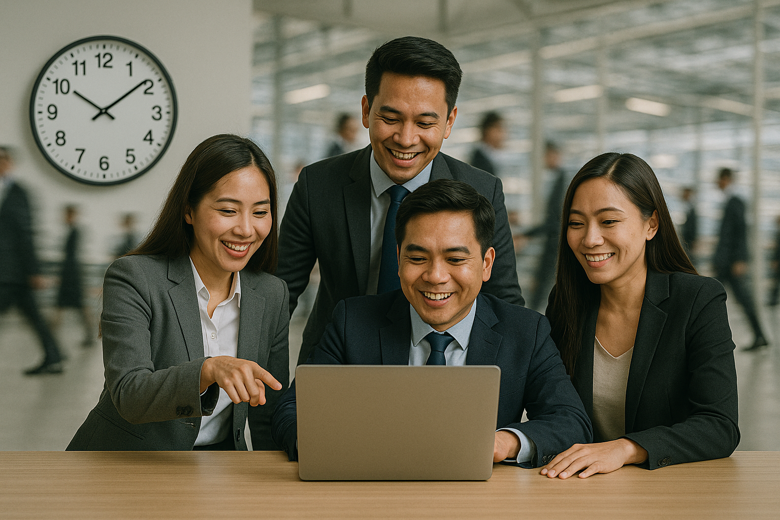 Asian team collaborating at computers